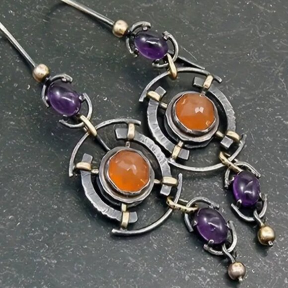 Beautiful Handcrafted Long Silver Electro-Plated Drop Earrings -Synthetic Stones - Picture 2 of 2
